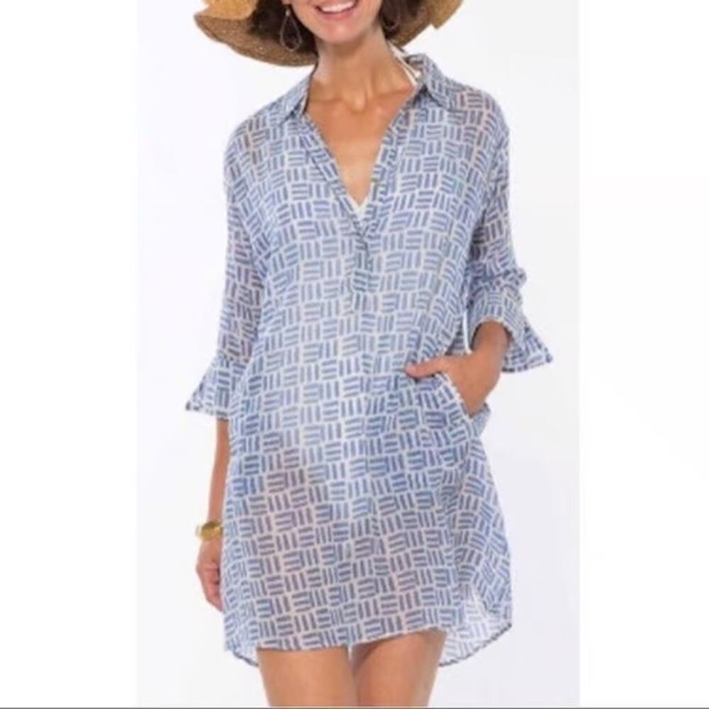 Rock Flower Paper Blue Pillar Cotton Gauze Beach Tunic M | Geometric Cover Up